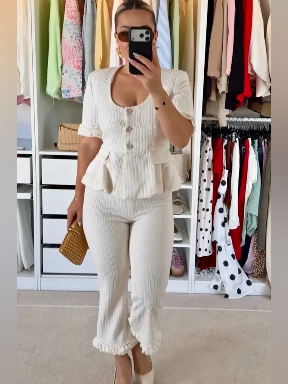 Zara NWT 2 piece matching SET Textured Cream button Top & cropped ruffle Pants